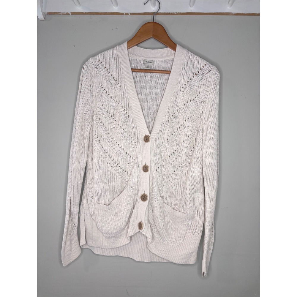 LL Bean Pointelle Cardigan Coastal Cottagecore Lightweight Layering Size M